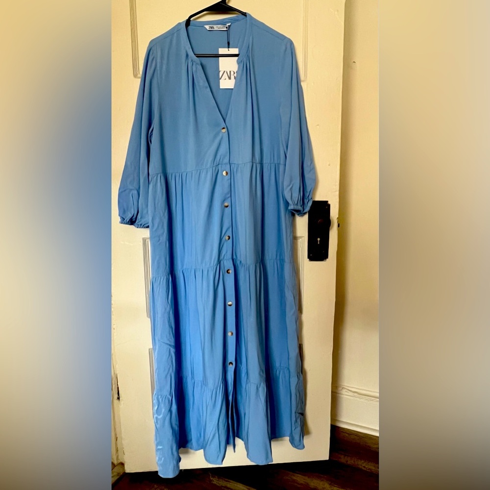 Zara Sky blue Tiered Maxi Dress with 3/4 sleeves, Size: L